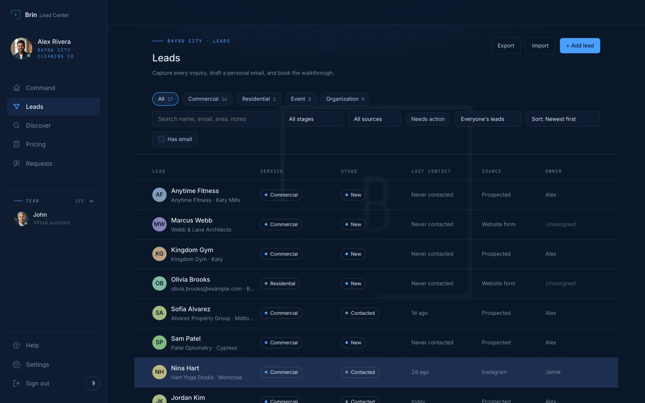 The Leads page: every lead with service, stage, last contact, source, and owner